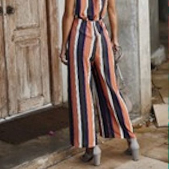 CLEARANCE NEW PINK STRIPED JUMPSUIT SLIMMING SLIT PANTS - Picture 5 of 6